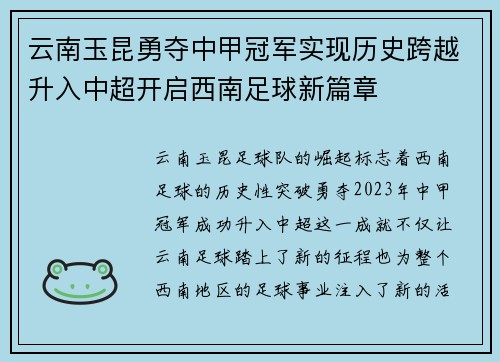 云南玉昆勇夺中甲冠军实现历史跨越升入中超开启西南足球新篇章 云南玉昆勇夺中甲冠军实现历史跨越升入中超开启西南足球新篇章