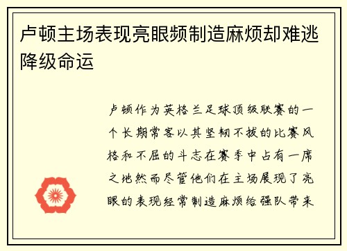 卢顿主场表现亮眼频制造麻烦却难逃降级命运 卢顿主场表现亮眼频制造麻烦却难逃降级命运